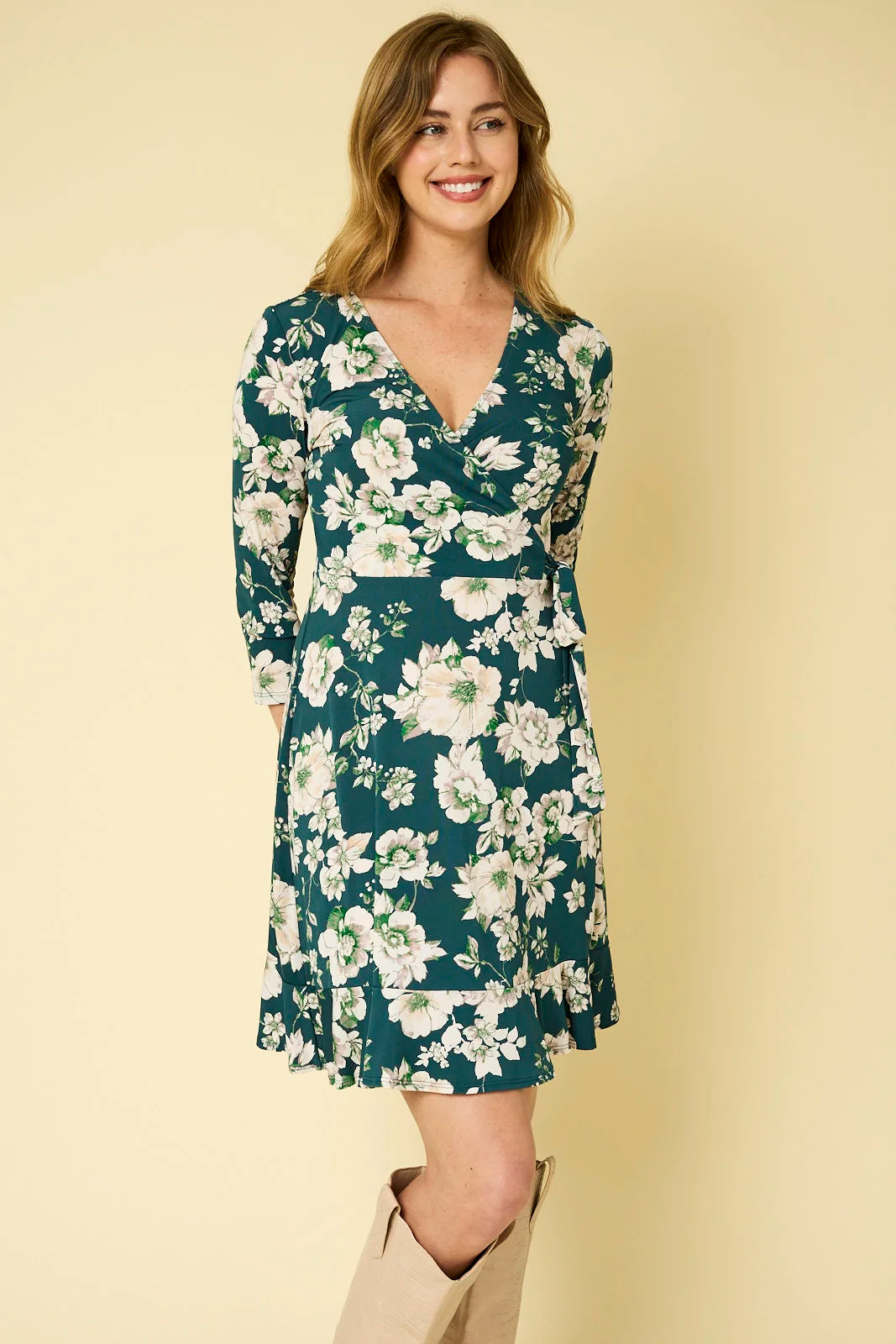 Floral Wrap Tie 3/4 Sleeve V Neck Mini Dress Rugged Women's Outdoor 