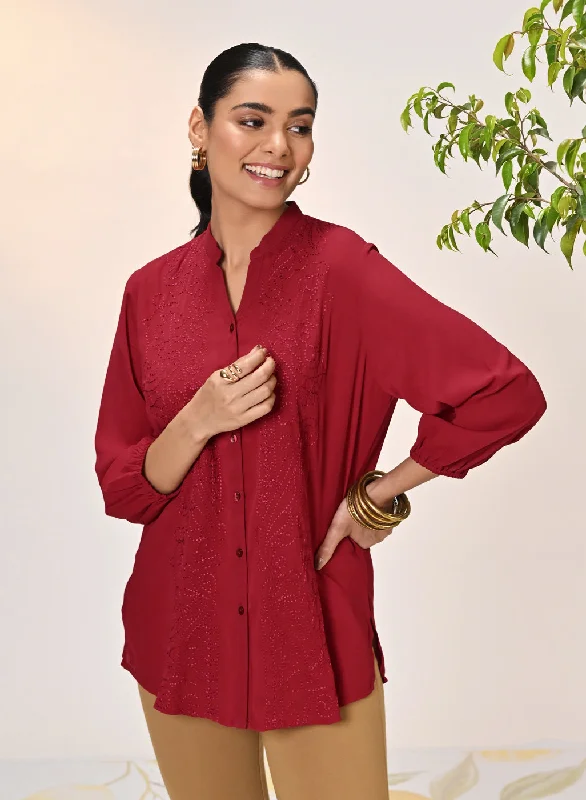 Ameera Red Embroidered Georgette Shirt for Women Sleek Women's 