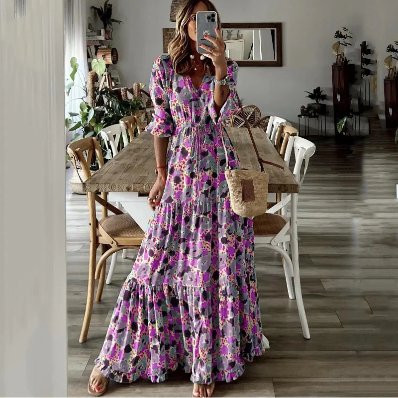Casual Lantern Sleeves V-Neck Flower Print Lace-Up Long Dress With Large Hem Wholesale Dresses Business Casual Lantern Sleeves V-Neck Flower Print Lace-Up Long Dress With Large Hem Wholesale Dresses Business