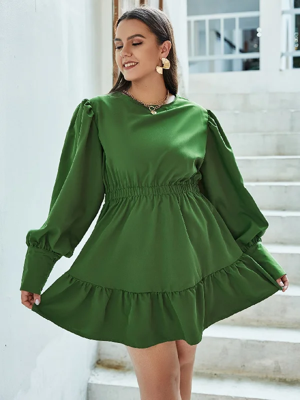 Casual Plain Ruffle Hem Long Sleeve Stand Collar Flounce High Waist Short Plus Size Dress Modern Women's Casual Plain Ruffle Hem Long Sleeve Stand Collar Flounce High Waist Short Plus Size Dress Modern Women's