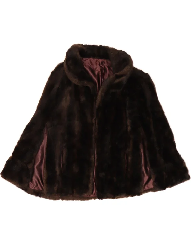 VINTAGE Womens Faux Fur Cape Coat UK 16 Large Brown French