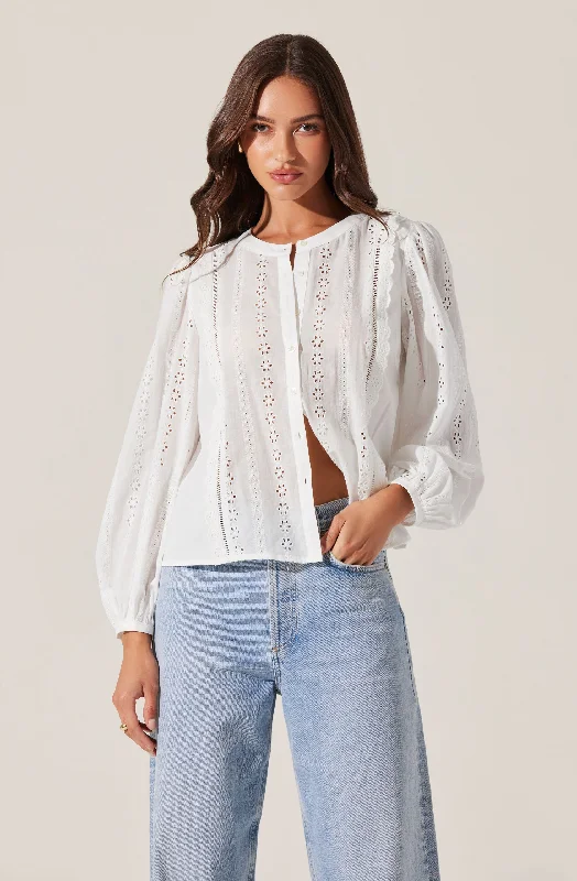Aneska Broderie Button Up Top Sleek Women's Metallic