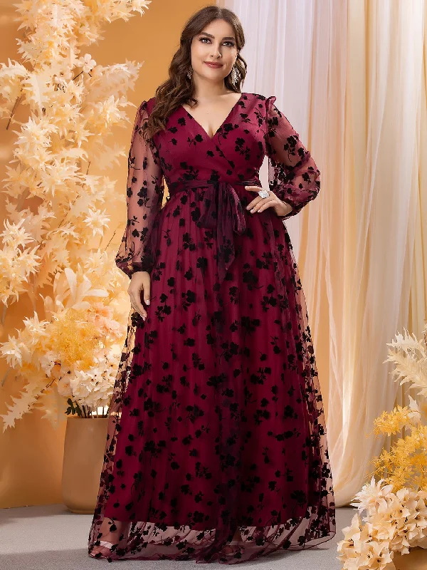 Glamorous Floral Contrast Mesh Long Sleeve V Neck Flared High Waist Maxi Plus Size Dress Gym Glamorous Floral Contrast Mesh Long Sleeve V Neck Flared High Waist Maxi Plus Size Dress Gym