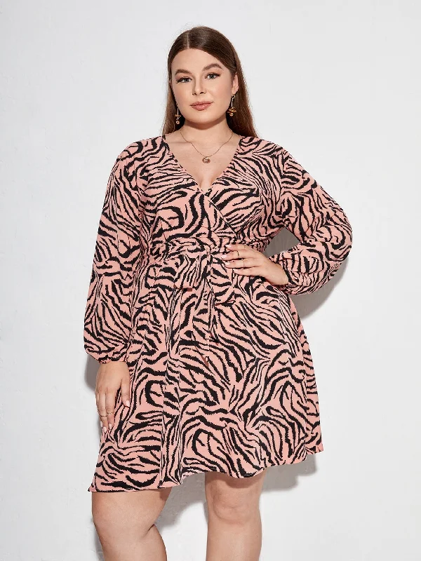 Elegant Zebra Stripe Wrap Long Sleeve V Neck Flared High Waist Short Plus Size Dress Trendy Women's Elegant Zebra Stripe Wrap Long Sleeve V Neck Flared High Waist Short Plus Size Dress Trendy Women's