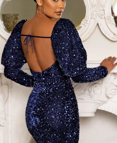 Club L London Navy Sequin Mini Dress With Puff Sleeves Monochromatic All - in - one
