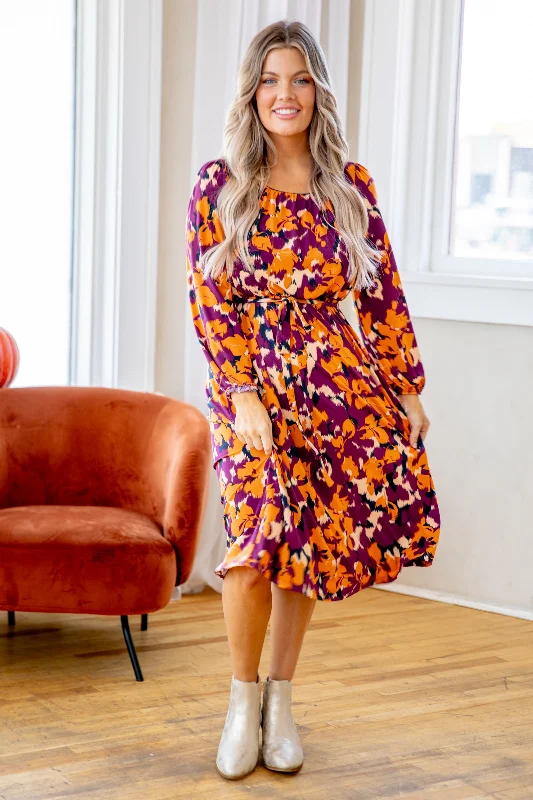 Berry and Orange Floral Print Midi Dress Trendy Women's Oversized