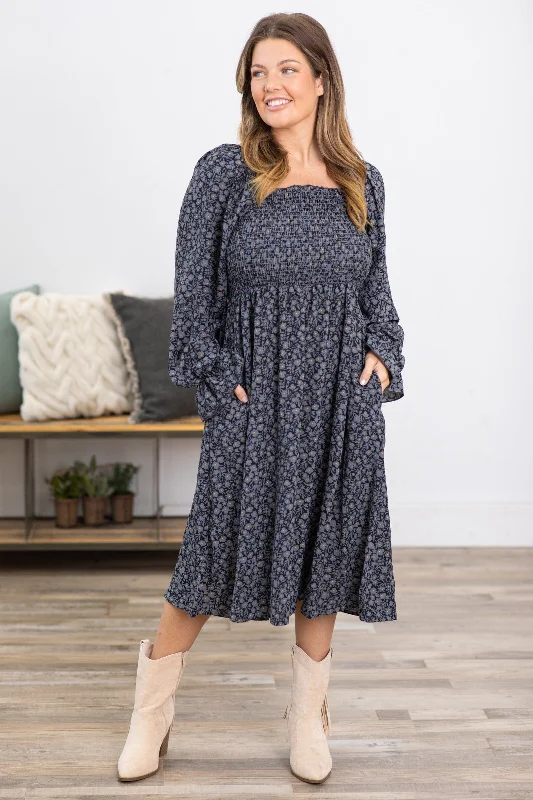 Graphite Ditsy Floral Square Neck Smocked Dress Cozy Women's Sherpa - lined