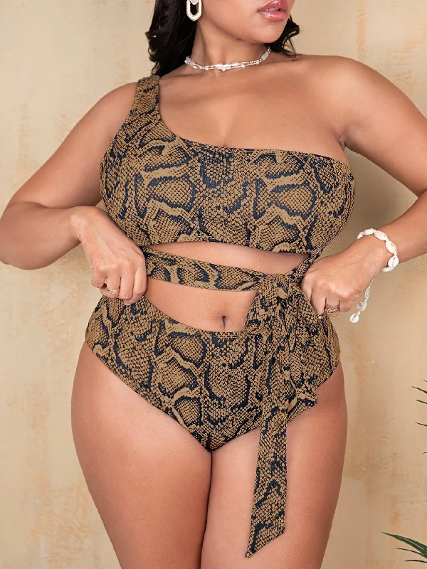 Sexy Snakeskin Print Knot One Shoulder Plus Size One-Pieces Street
