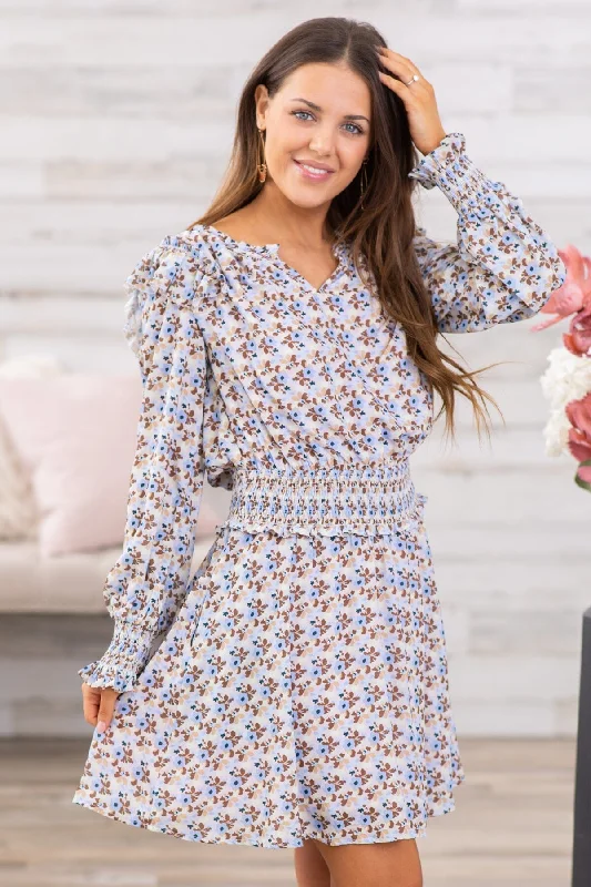 Pastel Blue Multicolor Floral Print Dress Business