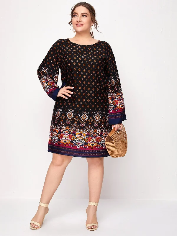 Boho Paisley Long Sleeve Round Neck Straight Natural Short Plus Size Dress Sleek Women's Boho Paisley Long Sleeve Round Neck Straight Natural Short Plus Size Dress Sleek Women's