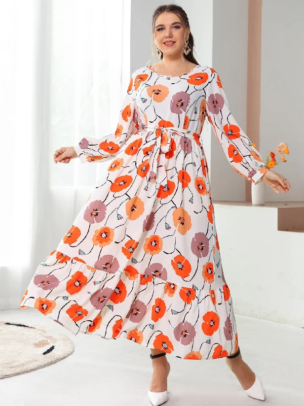 Boho All Over Print Ruffle Hem Long Sleeve Round Neck Flounce High Waist Long Plus Size Dress Luxurious Women's High - end Boho All Over Print Ruffle Hem Long Sleeve Round Neck Flounce High Waist Long Plus Size Dress Luxurious Women's High - end
