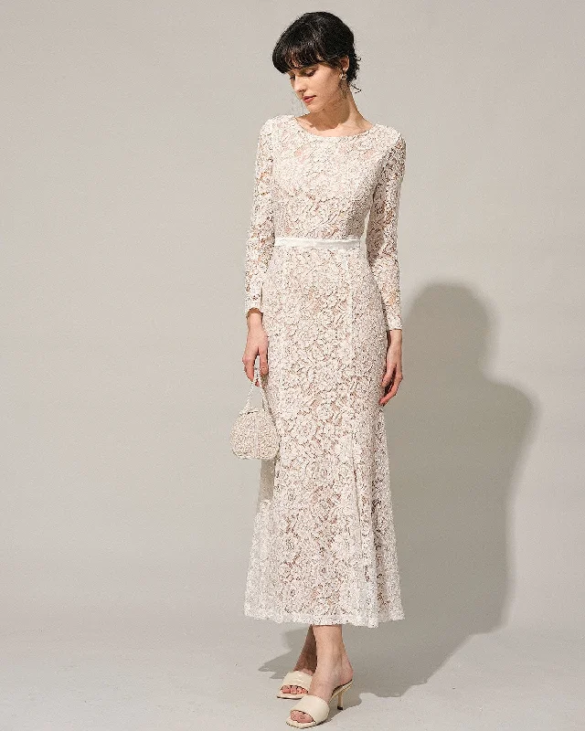 The White Lace Long Sleeve Backless Maxi Dress Trendy Women's Oversized