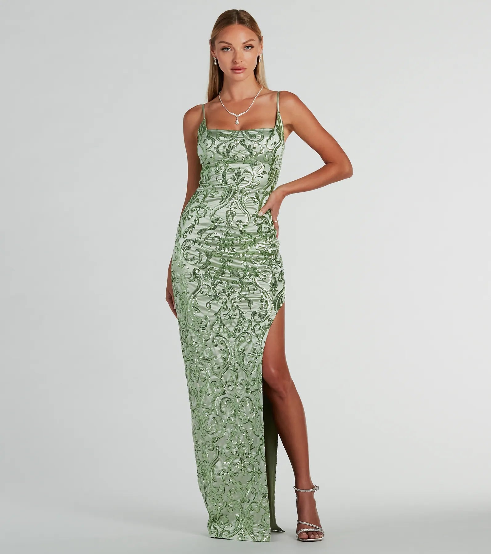 Alessia Square Neck Slim Sequin Satin Formal Dress Luxurious Women's High -  end