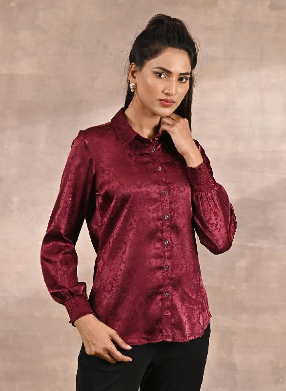 Maroon Aztec Printed Satin Shirt with Gathered Sleeves Stylish Women's Tropical 