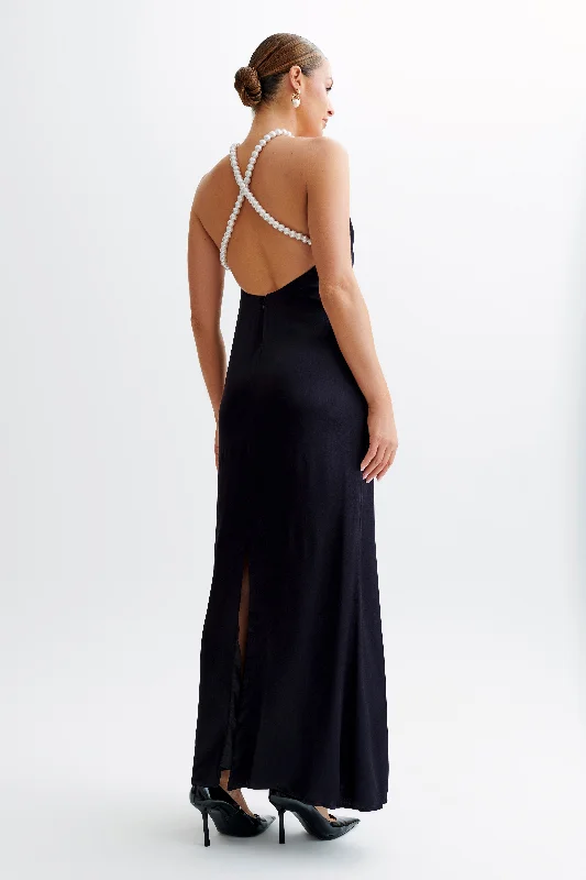 Blanche Satin Pearl Halter Maxi Dress - Black Hip Women's Retro