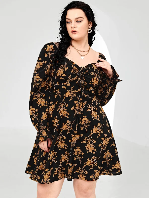 Boho All Over Print Ruffle Long Sleeve Sweetheart Flared High Waist Short Plus Size Dress Women Boho All Over Print Ruffle Long Sleeve Sweetheart Flared High Waist Short Plus Size Dress Women