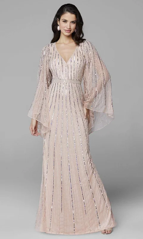 Primavera Couture - 3672 Sequined Long Bell Sleeve Sheath Dress Vacation
