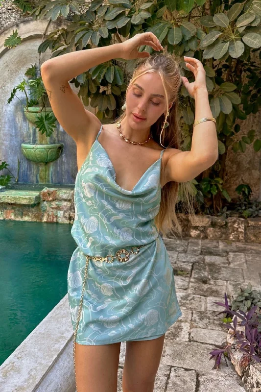 Sterling Floral Satin Mini Dress Artistic Women's Hand - painted