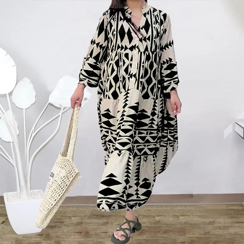 Casual Diamond Print Multi Button Flared Sleeve Shirt Dress Wholesale Dresses Traditional Women's Casual Diamond Print Multi Button Flared Sleeve Shirt Dress Wholesale Dresses Traditional Women's