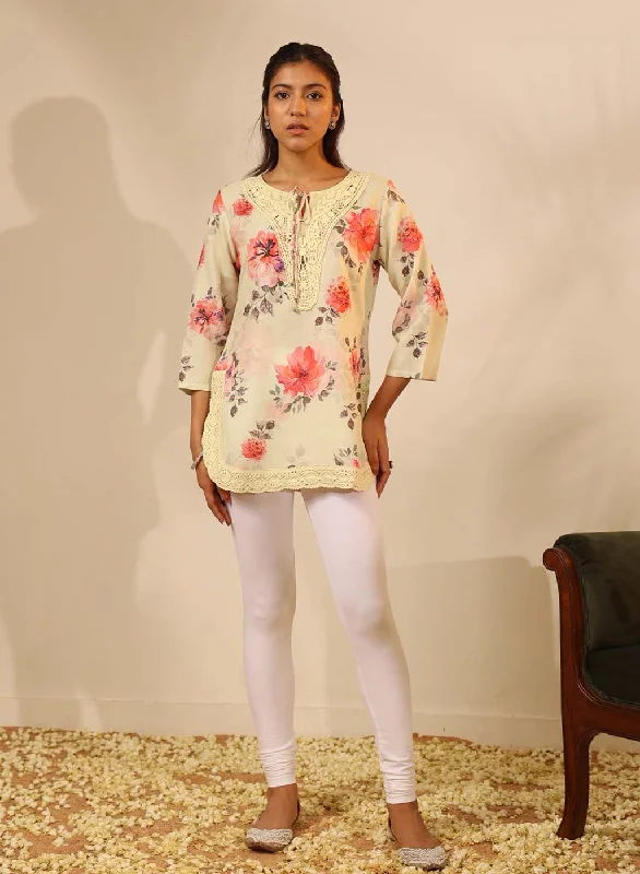 Light Yellow Floral Printed Tunic Modern Women's 