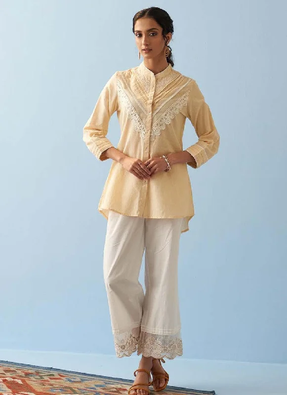 Yellow Embroidered Shirt with Lace Detailing Practical Women's Quick - dry