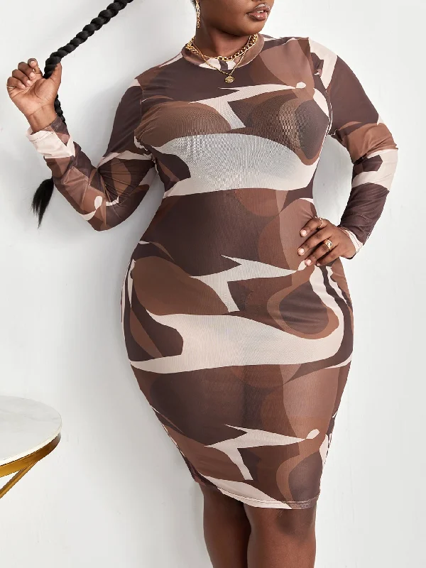 Sexy Graphic Sheer Long Sleeve Round Neck Pencil Natural Knee Length Plus Size Dress performance Sexy Graphic Sheer Long Sleeve Round Neck Pencil Natural Knee Length Plus Size Dress performance