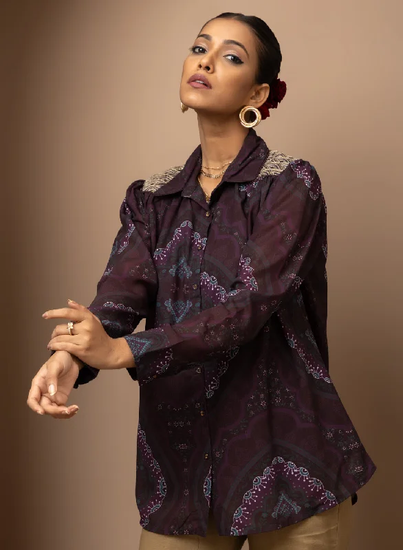 Wine Chiffon Shirt with Zari Embroidery Dapper Women's Bow - adorned