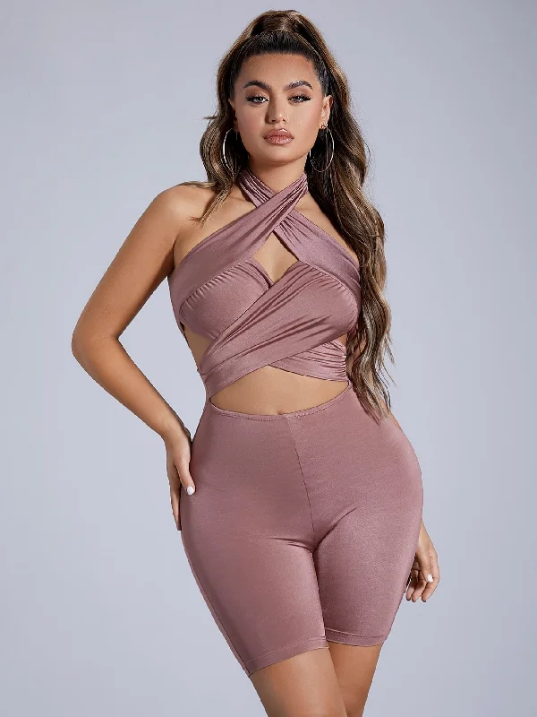 Sexy Plain Tie Back Sleeveless Halter Natural Short Women Jumpsuit Refined Women's Hand - crafted Sexy Plain Tie Back Sleeveless Halter Natural Short Women Jumpsuit Refined Women's Hand - crafted