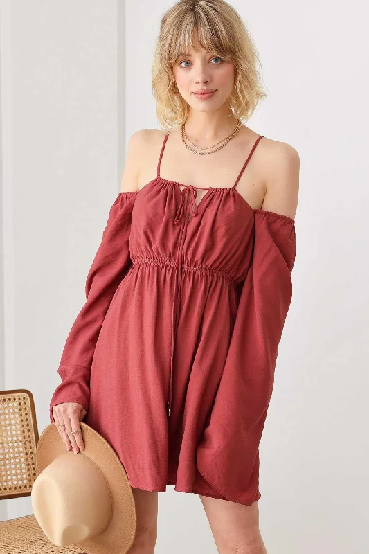 Boho Drawstring Halter Neck Smocked Bust Long Puff Sleeve Dress Compression