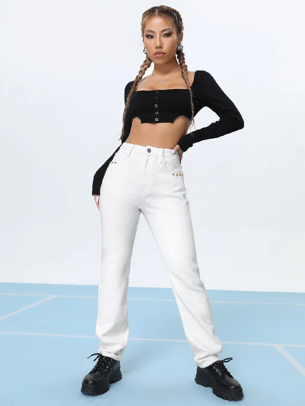 Casual Plain Studded High Waist Long Women Pants Dynamic Women's Moto
