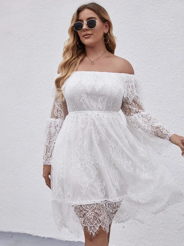 Romantic Plain Long Sleeve Off The Shoulder Flared High Waist Knee Length Plus Size Dress Street Romantic Plain Long Sleeve Off The Shoulder Flared High Waist Knee Length Plus Size Dress Street