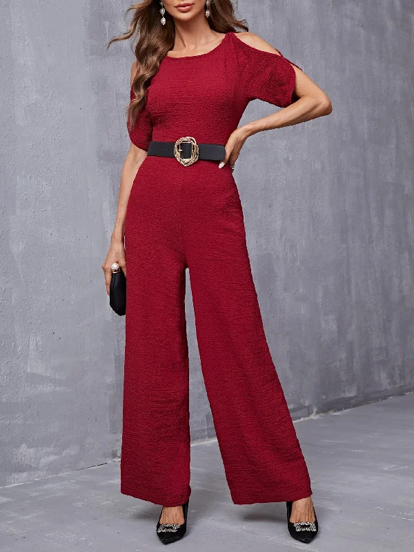 Elegant Plain Short Sleeve Round Neck High Waist Long Women Jumpsuit Athletic Women's 