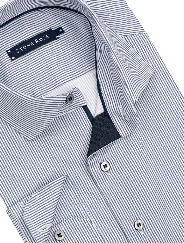 Blue Dry Touch Sateen Stripe Long Sleeve Shirt Sustainable Organic