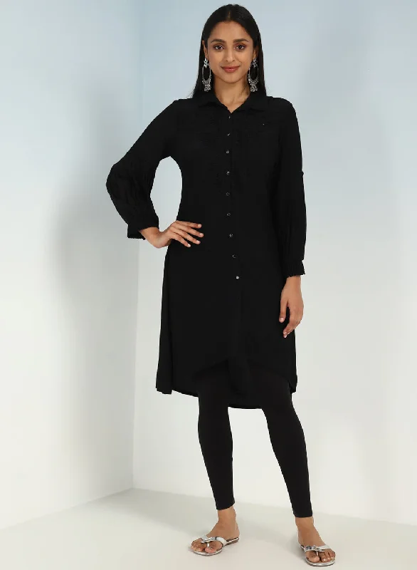 Black Kurti with Curved Hem and Pleated Sleeves Australian Beach