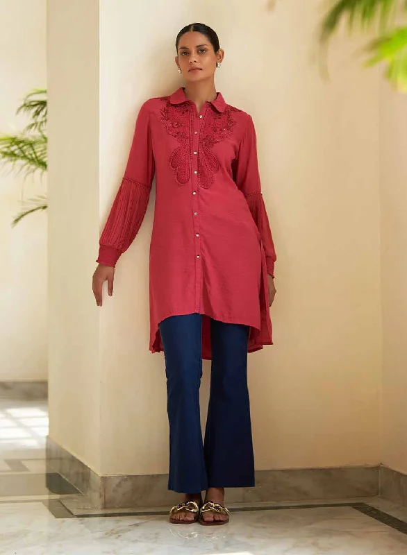 Watermelon Pink Kurti with Curved Hem and Pleated Sleeves purpose