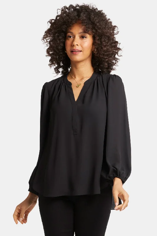 Puff Sleeve Popover Top - Black Elegant Women's 