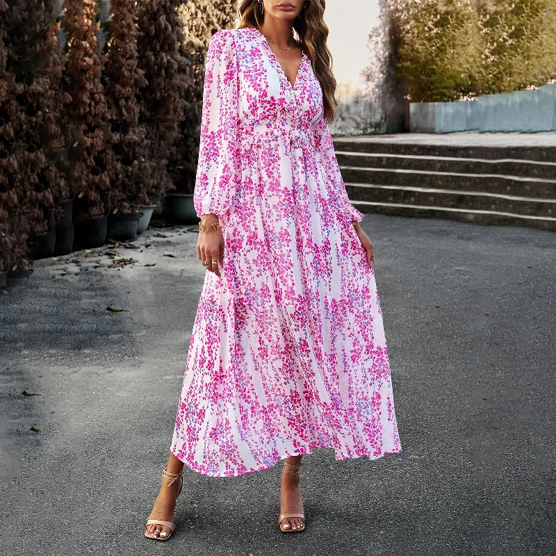 Casual V-Neck Long Sleeve Chiffon Floral Dress Wholesale Dresses Feminine Women's Style Casual V-Neck Long Sleeve Chiffon Floral Dress Wholesale Dresses Feminine Women's Style