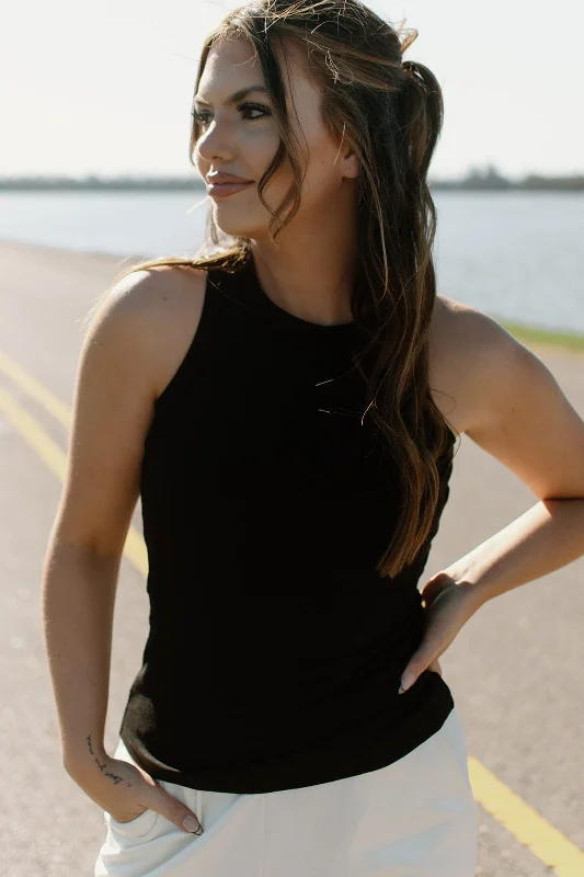 Black Micro Ribbed Athletic Tank Top Hip Women's Urban