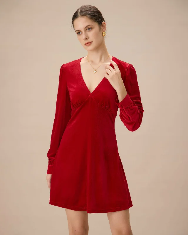 Red Velvet Puffed Sleeve A-Line Mini Dress Dynamic Women's High - energy
