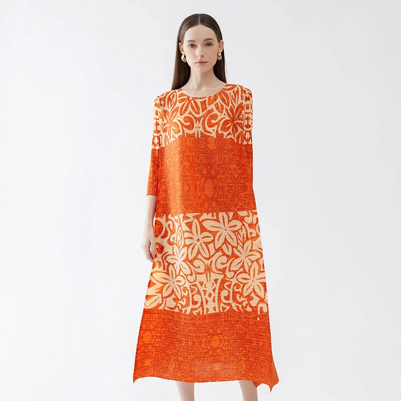 Casual Floral Printed Even Round Neck Loose Pleated Long Dresses Wholesale Dresses Trendy Women's Oversized Casual Floral Printed Even Round Neck Loose Pleated Long Dresses Wholesale Dresses Trendy Women's Oversized