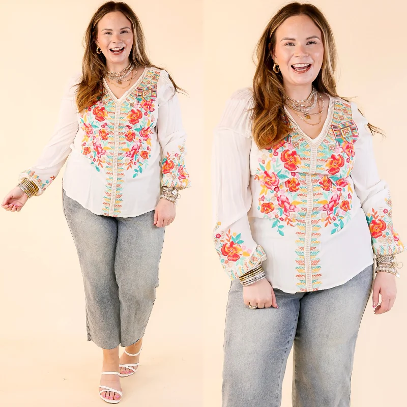 Brunch With Me Long Sleeve Embroidered Top with V Neckline in White Street