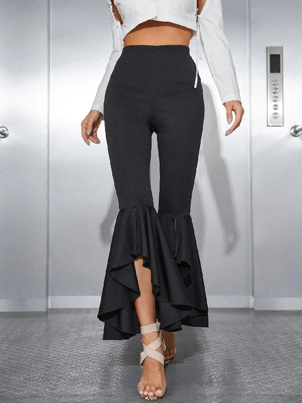 Elegant Plain Ruffle Hem High Waist Long Women Pants Casual Women's Japanese 