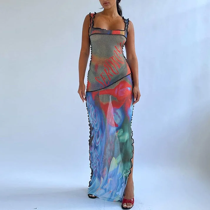 Wood Ear Side Slit Print See-Through Slim Strap Dress Wholesale Dresses Confident Women's Power
