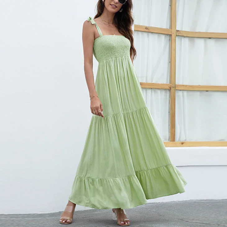 Off-The-Shoulder Suspender Strap Big Swing Solid Color Pleated Dress Wholesale Dresses Australian Beach Off-The-Shoulder Suspender Strap Big Swing Solid Color Pleated Dress Wholesale Dresses Australian Beach