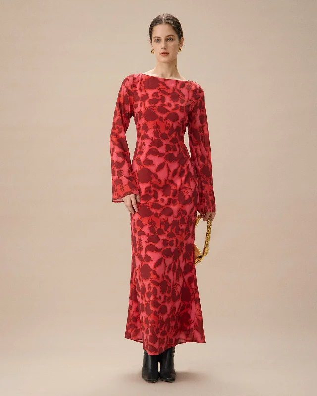 Red Floral Bell Sleeve Maxi Dress Elegant Women's Formal 