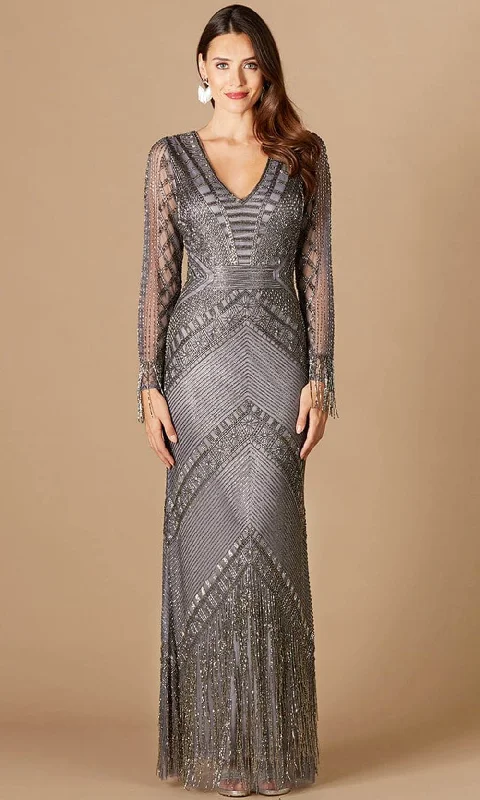 Lara Dresses 29364 - Fringe Beaded Long Sleeve Gown Vacation