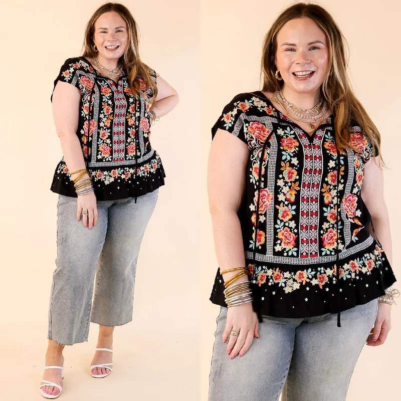 Pulled To Paradise Floral Embroidered Front Keyhole Top in Black French