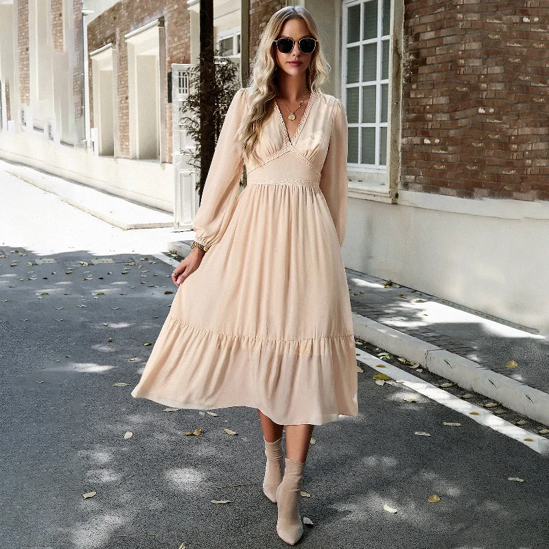 Elegant Solid Color V-Neck Bubble Sleeve Long Dress Wholesale Dresses Bold Women's Animal Print Elegant Solid Color V-Neck Bubble Sleeve Long Dress Wholesale Dresses Bold Women's Animal Print