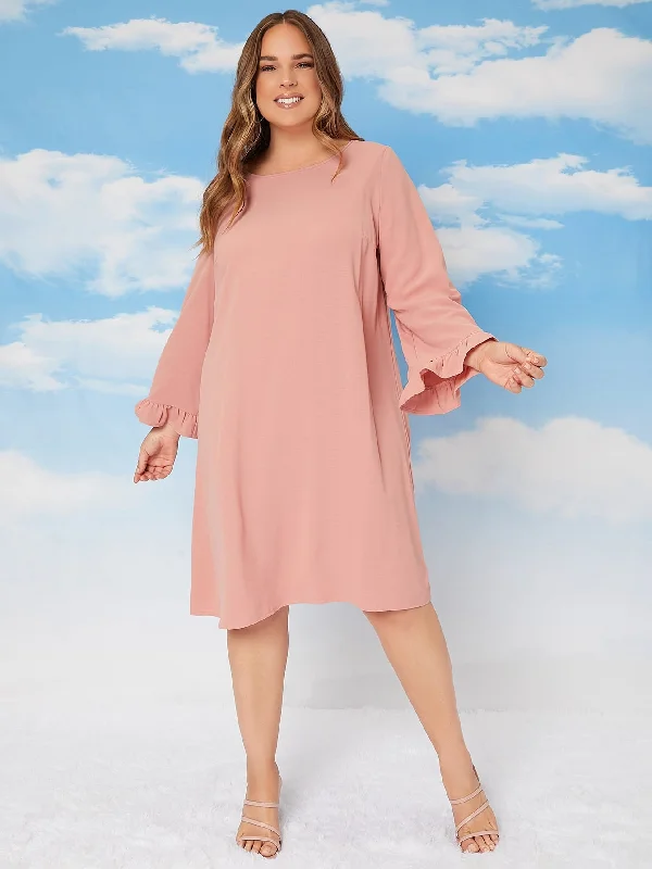Casual Plain Ruffle Long Sleeve Round Neck Straight Natural Midi Plus Size Dress Cozy Women's Winter Casual Plain Ruffle Long Sleeve Round Neck Straight Natural Midi Plus Size Dress Cozy Women's Winter