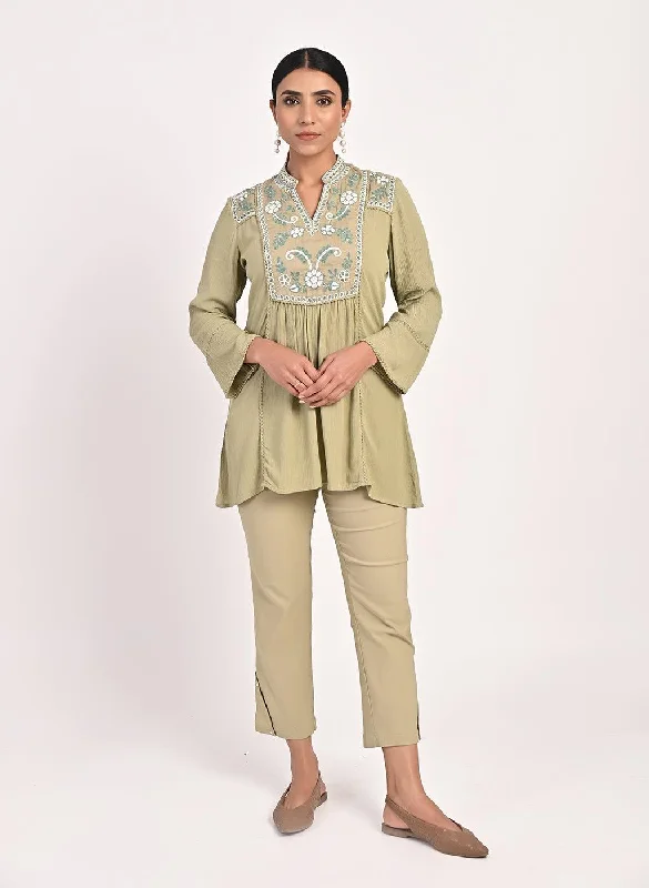 Sage Green Collared Tunic with Embroidery at Yoke Athletic Women's 